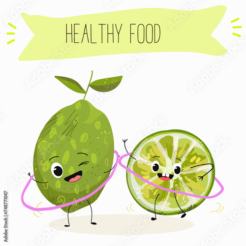 Cute  cartoon lime fruit characters with different activities. Flat vector illustration, funny fruits. Organic food.