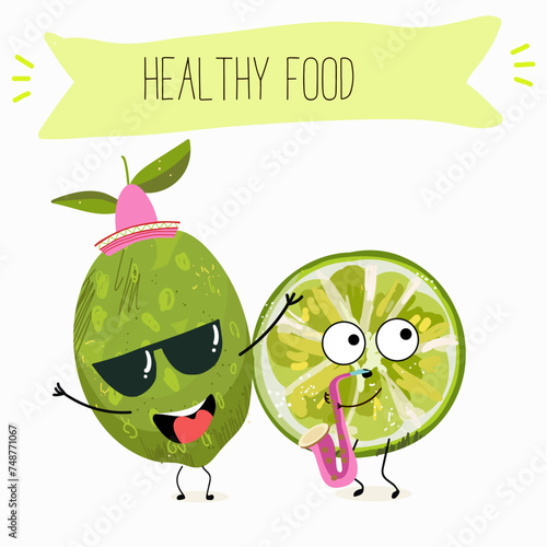 Cute  cartoon lime fruit characters with different activities. Flat vector illustration, funny fruits. Organic food.