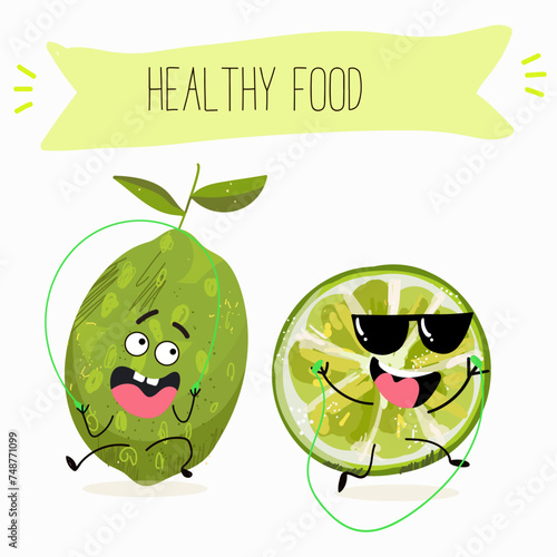 Cute  cartoon lime fruit characters with different activities. Flat vector illustration, funny fruits. Organic food.