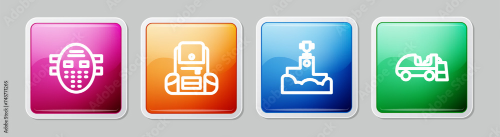 Set line Hockey mask, Hiking backpack, Award winner podium and Ice resurfacer. Colorful square button. Vector Set line Hockey mask, Hiking backpack, Award winner podium and Ice resurfacer. Colorful square button. Vector