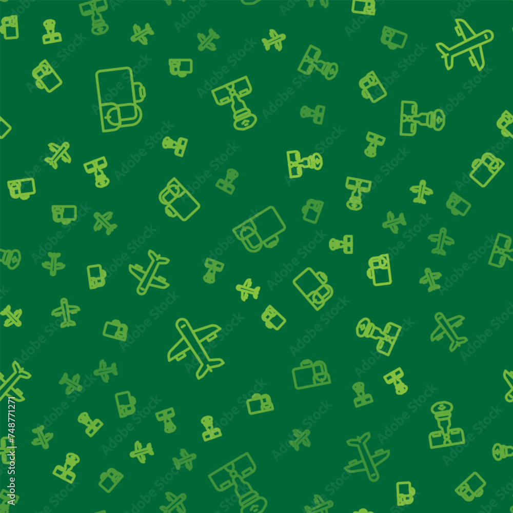 Set line Suitcase, Plane and Pilot on seamless pattern. Vector Set line Suitcase, Plane and Pilot on seamless pattern. Vector