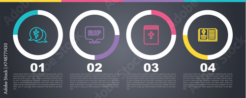 Set line Grave with cross, Speech bubble rip death, Holy bible book and . Business infographic template. Vector