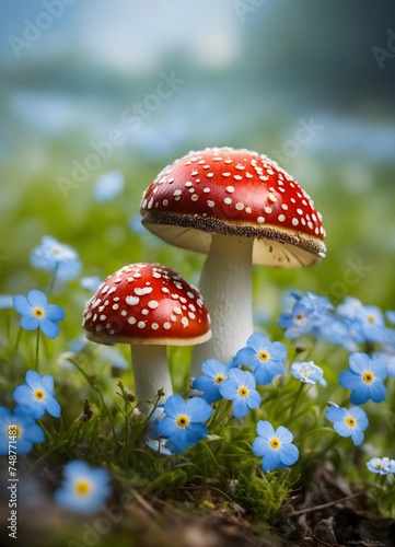 two mushroom with flowers 