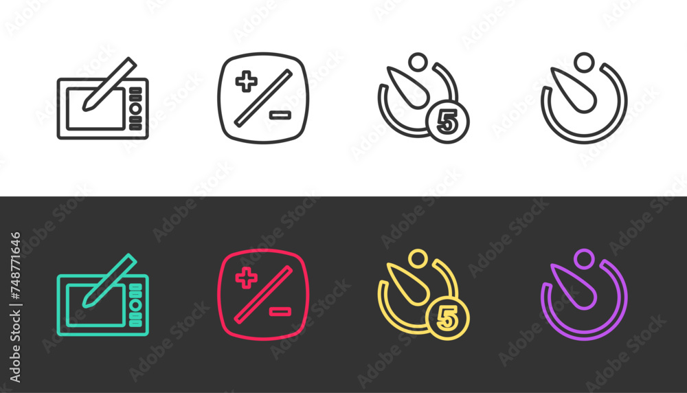 Set line Graphic tablet, Exposure compensation, Camera timer and on black and white. Vector Set line Graphic tablet, Exposure compensation, Camera timer and on black and white. Vector