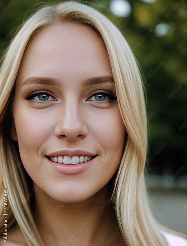 Portrait of a blonde girl. A girl smiles in the park. Amazing smile.