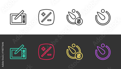 Set line Graphic tablet, Exposure compensation, Camera timer and on black and white. Vector