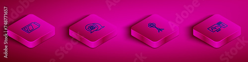 Set Isometric line Battery for camera, Photo, Softbox light and retouching icon. Vector