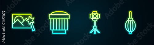 Set line Photo retouching, Camera photo lens, Softbox light and Dust blower. Glowing neon icon. Vector