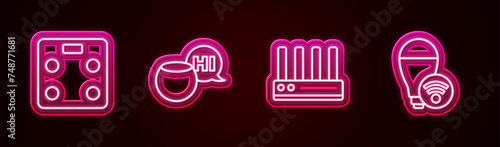 Set line Smart bathroom scales, Voice assistant, Router and wi-fi signal and light bulb. Glowing neon icon. Vector