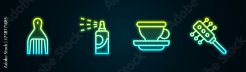 Set line Barrette, Spray can for hairspray, Coffee cup and Hairbrush. Glowing neon icon. Vector