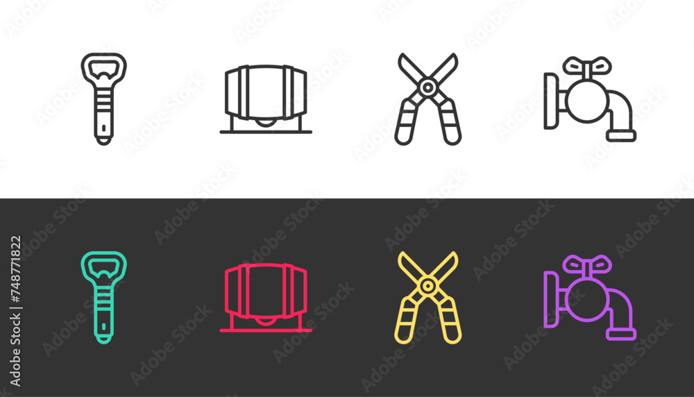 Set line Bottle opener, Wooden barrel for wine, Gardening scissors and Tap on black and white. Vector Set line Bottle opener, Wooden barrel for wine, Gardening scissors and Tap on black and white. Vector