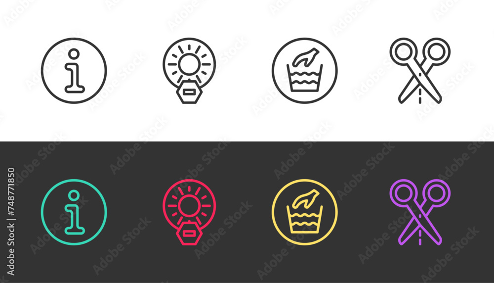 Set line Information, No direct sunlight, Hand wash laundry and Scissors with cut line on black and white. Vector Set line Information, No direct sunlight, Hand wash laundry and Scissors with cut line on black and white. Vector