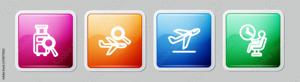 Set line Lost baggage, Airplane search, Plane takeoff and Human waiting in airport terminal. Colorful square button. Vector Set line Lost baggage, Airplane search, Plane takeoff and Human waiting in airport terminal. Colorful square button. Vector