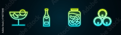 Set line Cocktail, Champagne bottle, Pickled cucumbers in jar and Wooden barrels. Glowing neon icon. Vector
