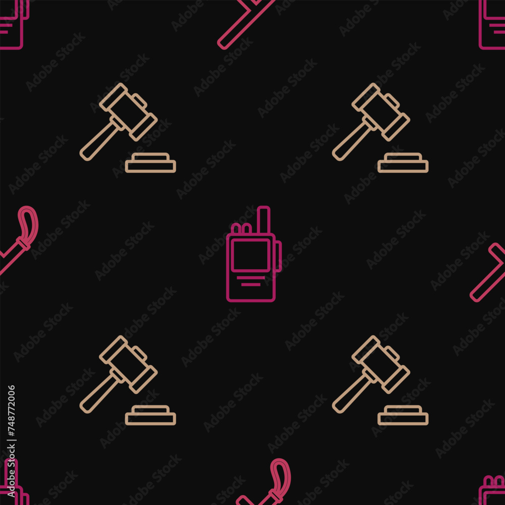 Set line Police rubber baton, Judge gavel and Walkie talkie on seamless pattern. Vector Set line Police rubber baton, Judge gavel and Walkie talkie on seamless pattern. Vector