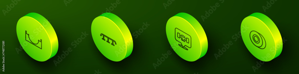 Set Isometric line Skate park, Skateboard stairs with rail, wheel and icon. Vector Set Isometric line Skate park, Skateboard stairs with rail, wheel and icon. Vector