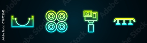 Set line Skate park, Skateboard wheel, Action camera and stairs with rail. Glowing neon icon. Vector