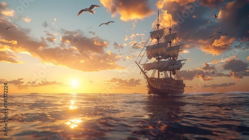 Historical ship in full sail at sunset with seagulls enhancing the maritime vibe