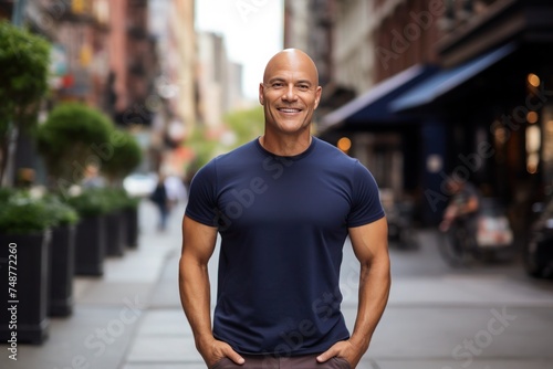 Positive bald middle-aged man in dark blue T-shirt stands against the backdrop of a city street
