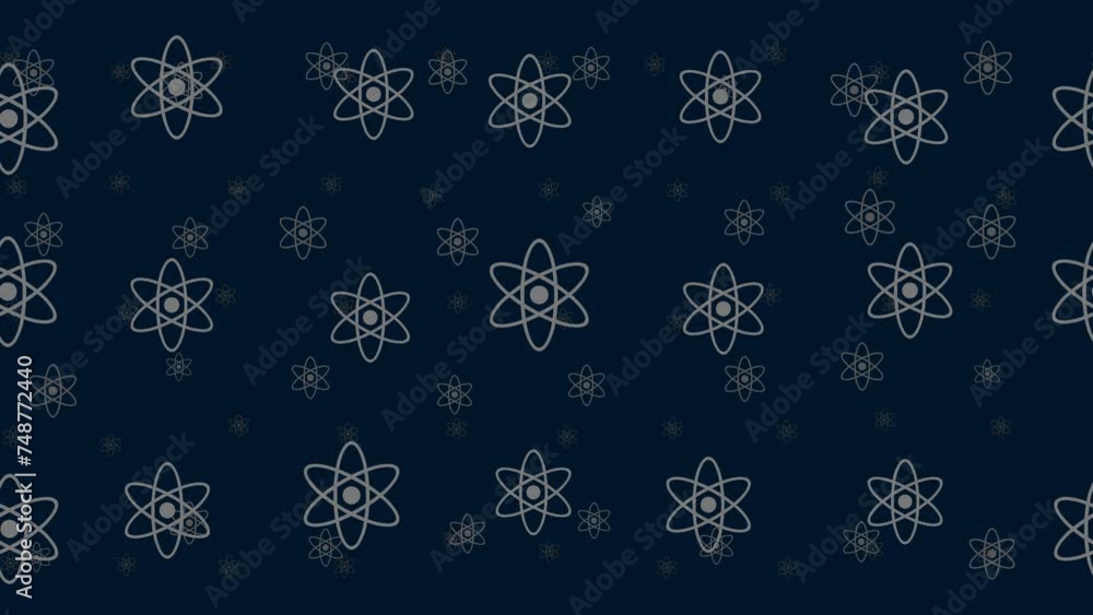 Atomic symbols float horizontally from left to right. Parallax fly effect. Floating symbols are located randomly. Seamless looped 4k animation on dark blue background Atomic symbols float horizontally from left to right. Parallax fly effect. Floating symbols are located randomly. Seamless looped 4k animation on dark blue background