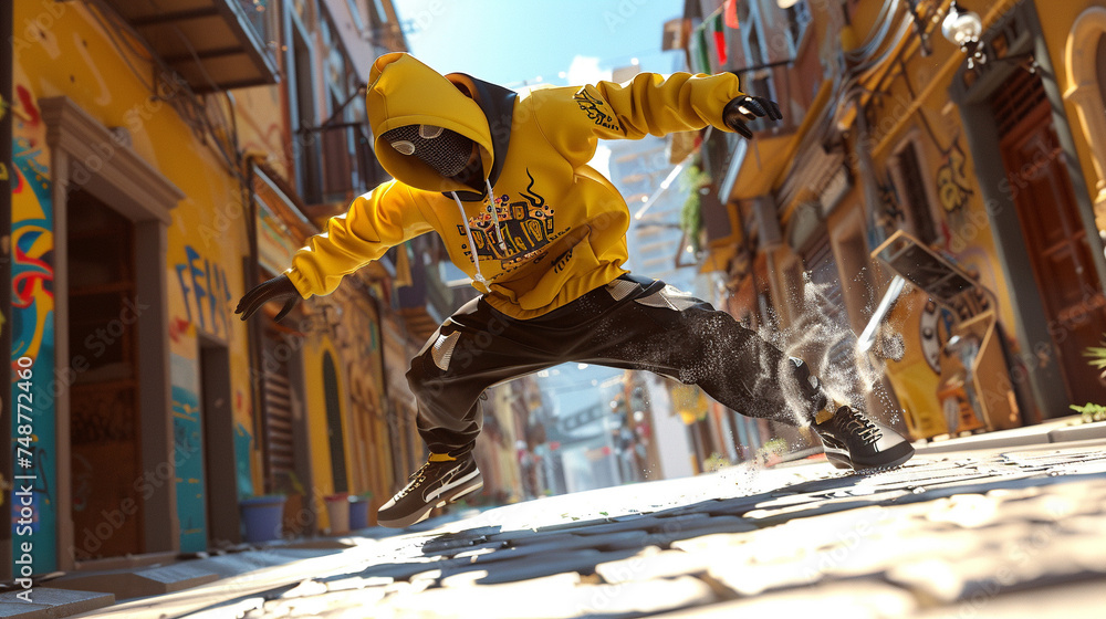 3D render of an original character mascot in yellow and black streetwear, striking a dynamic pose in an urban alley