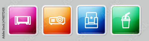 Set line Smart Tv, Movie, film, media projector, Cinema chair and Paper glass with water. Colorful square button. Vector