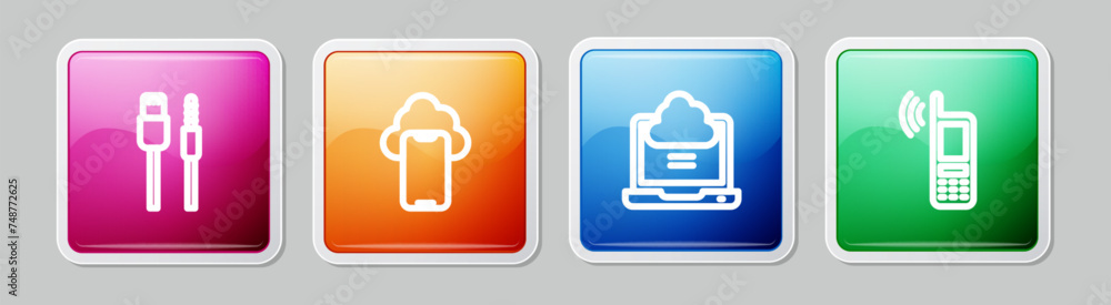 Set line USB cable cord, Cloud technology data, Network cloud connection and Mobile with wi-fi wireless. Colorful square button. Vector Set line USB cable cord, Cloud technology data, Network cloud connection and Mobile with wi-fi wireless. Colorful square button. Vector