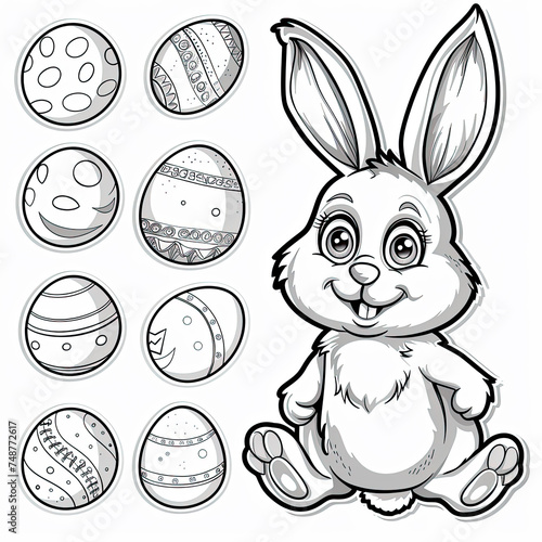 an easter bunny surrounded by colourful eggs to paint and colour, cut out, to play with