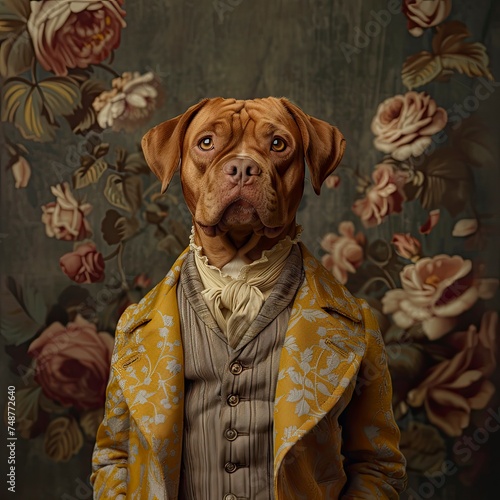 a dogue bordeaux dog dressed in elegant vintage clothing in pastel yellow colours, with floral textures in the background.