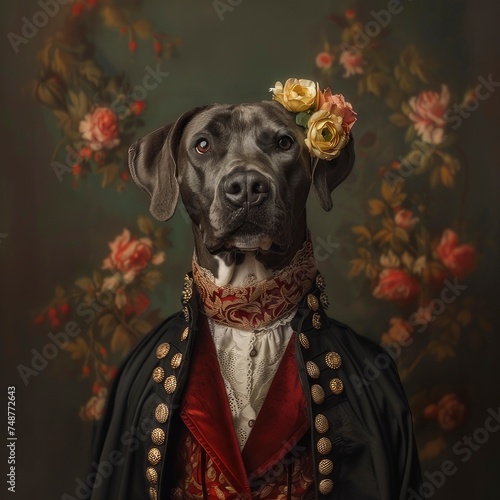 an elegantly dressed dog in an interior with a textured green background, the dog looks at the camera and has flowers in his ear, dressed in period costume.