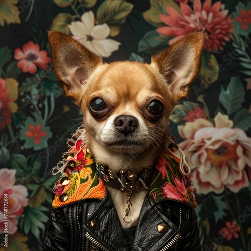 portrait of chihuahua dressed with clothes and collar, looking at the camera from the front, background of flowers