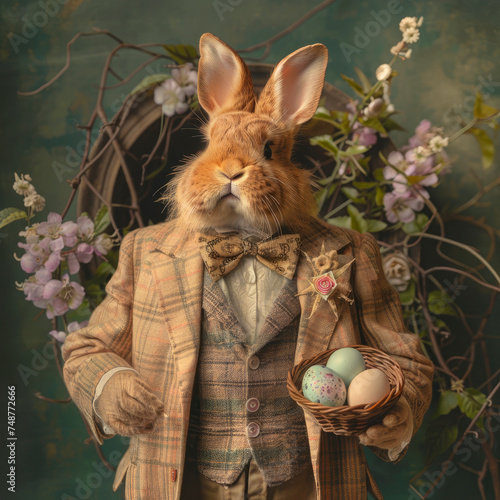 mr easter bunny in bow tie and elegant dress with basket of easter eggs
