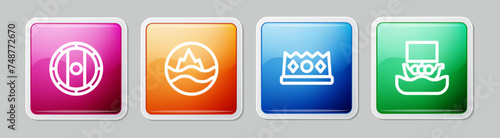 Set line Shield viking, Sea and waves, King crown and Viking ship Drakkar. Colorful square button. Vector