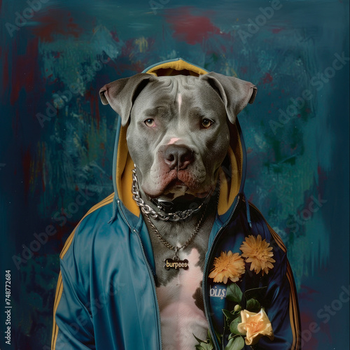 a pit bull dog looking at the camera is dressed in sportswear.