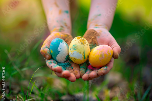 children's hands holding painted Easter eggs