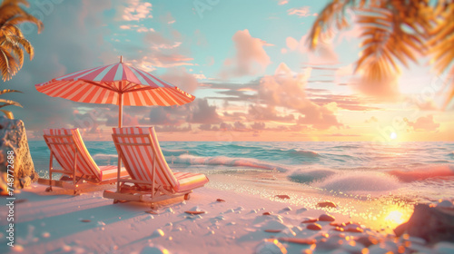 A beach scene with two lounge chairs and an umbrella