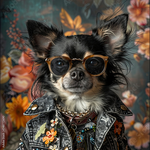 a chihuahua dog with sunglasses on, wearing a leather jacket with some floral print, collars on the neck, a background of printed flowers