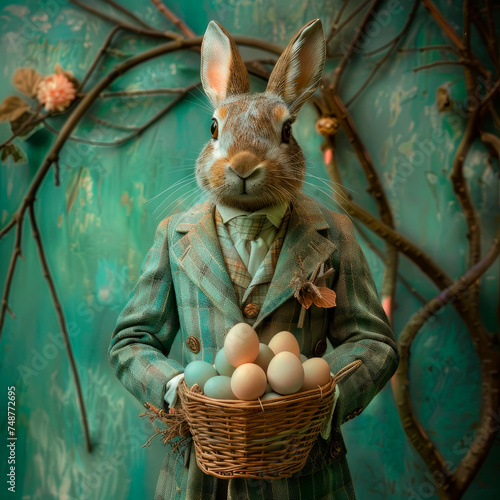 Mr. Easter Bunny wears an elegant suit and jacket with a basket of Easter eggs,