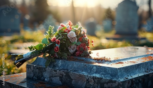 The Tender Touch of a Bouquet on a Grave at the Cemetery photo