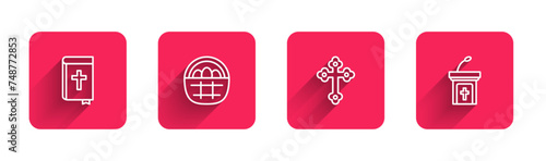 Set line Holy bible book, Basket with easter eggs, Christian cross and Church sermon tribune with long shadow. Red square button. Vector