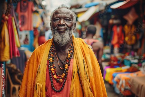 A preacher in a lively street market, surrounded by vibrant stalls and intrigued locals, a fusion of culture and faith