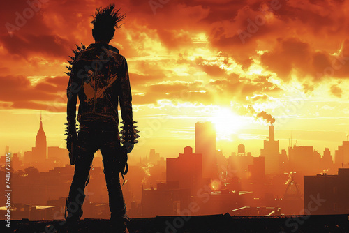 A punk lords silhouette against the backdrop of a rebellious dawn  his domain an urban landscape of freedom and resistance