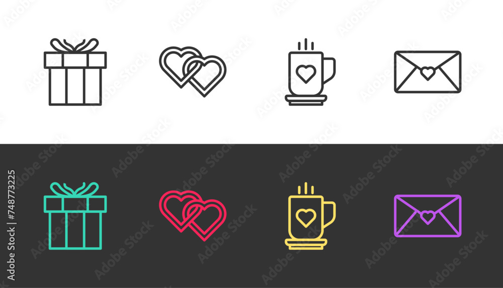 Set line Gift box, Two Linked Hearts, Coffee cup and heart and Envelope with Valentine on black and white. Vector Set line Gift box, Two Linked Hearts, Coffee cup and heart and Envelope with Valentine on black and white. Vector