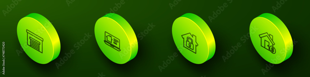 Set Isometric line Garage, Online real estate house, House under protection and with dollar symbol icon. Vector Set Isometric line Garage, Online real estate house, House under protection and with dollar symbol icon. Vector