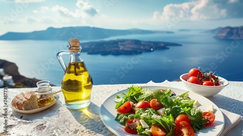 A Greek salad with olive oil and tomatoes in front of the a breathtaking view to the blue sea