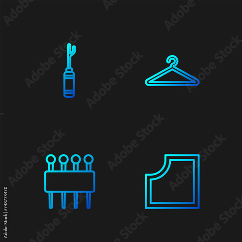 Set line Sewing Pattern, Needle for sewing, Awl tool and Hanger wardrobe. Gradient color icons. Vector