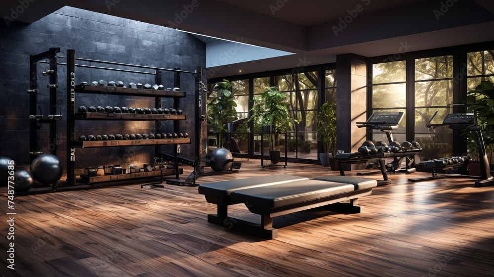 A home gym setup with functional fitness equipment. A home gym setup with functional fitness equipment.