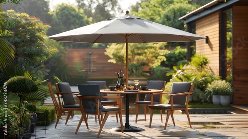 A Serene Setting with a Parasol, Table, and Chairs for Ultimate Relaxation © Watasiwa