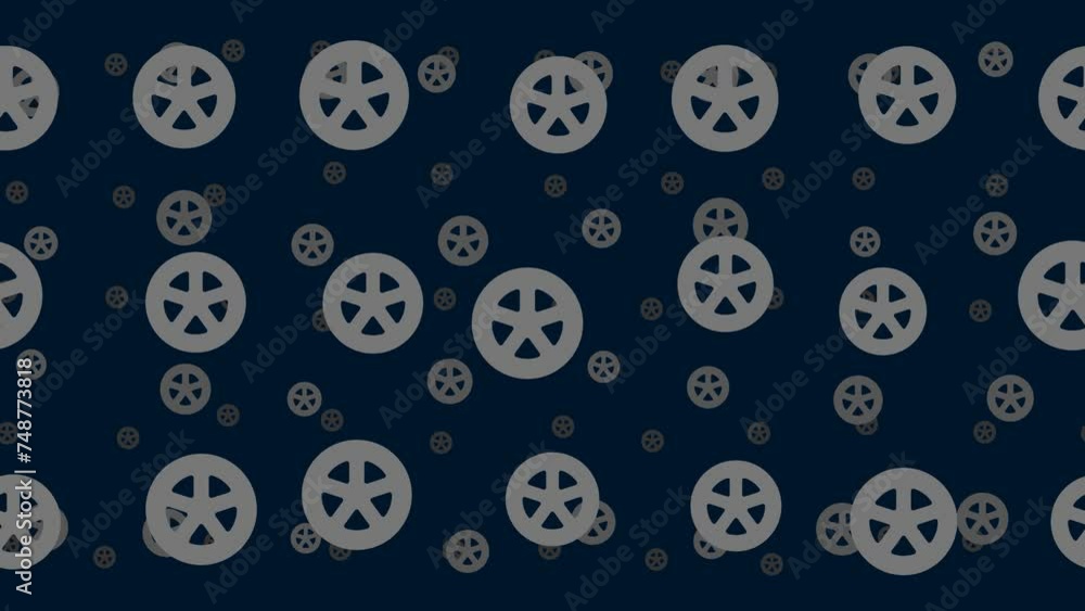 Car wheel symbols float horizontally from left to right. Parallax fly effect. Floating symbols are located randomly. Seamless looped 4k animation on dark blue background Car wheel symbols float horizontally from left to right. Parallax fly effect. Floating symbols are located randomly. Seamless looped 4k animation on dark blue background