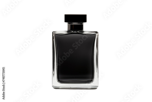 A black cologne bottle is prominently displayed against a stark white background. The sleek design of the bottle contrasts sharply with the simplicity of the backdrop.